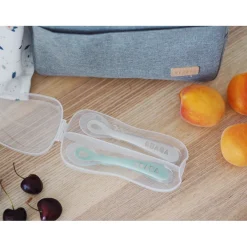 Lot 2 cuillères 2ème âge silicone avec boite de transport Vert sauge/Gris velours