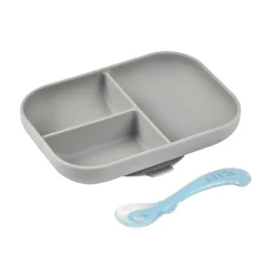 Set repas Silicone - Assiette compartimentée et cuillère 2ème âge Gris